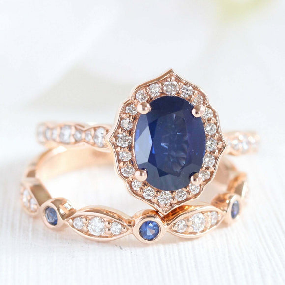 2.5ct Oval Cut Blue Sapphire Vintage Floral Bridal Set Ring 14k Rose Gold Finish