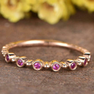 1ct Round Cut Pink Sapphire Wedding Band Bezel Set Bubbly 14k Rose Gold Finish