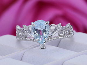 1ct Pear Cut Blue Aquamarine Crown Shaped Engagement Ring 14k White Gold Finish