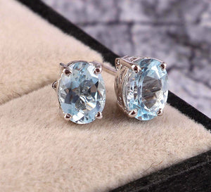 2.35ct Stud Earrings Oval Cut Blue Aquamarine Solitaire 14k White Gold Finish