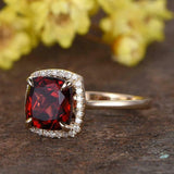 1.5ct Cushion Cut Red Garnet Dimaond Halo Solitaire Ring 14k Yellow Gold Finish