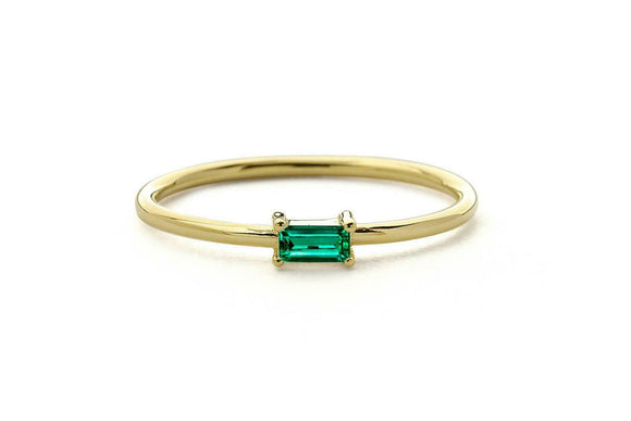 0.4ct Baguette Cut Green Emerald Minimalist Engagement Ring 14k Yellow Gold Over