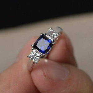 1.5ct Princess Cut Blue Sapphire Engagement Ring 14k White Gold Finish Trilogy