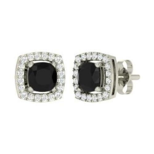 2Ct Cushion Cut Black Diamond Halo Stud Earrings for Women 18K White Gold Finish