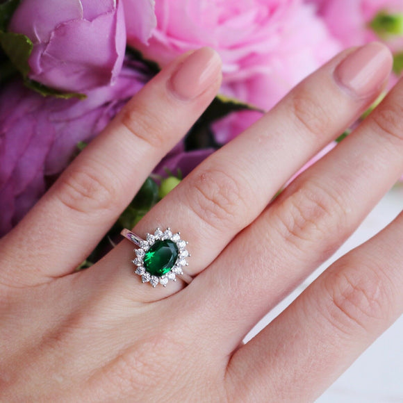 3Ct Oval Cut Green Emerald Diamond Floral Halo Solitaire Ring White Gold Finish