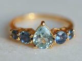 1.5ct Engagement Ring Pear Cut Blue Aquamarine Five Stone 14k Yellow Gold Finish