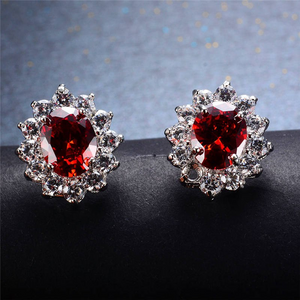 2.3ct Oval Cut Red Garnet Flower Solitaire Stud Earrings 14k White Gold Finish