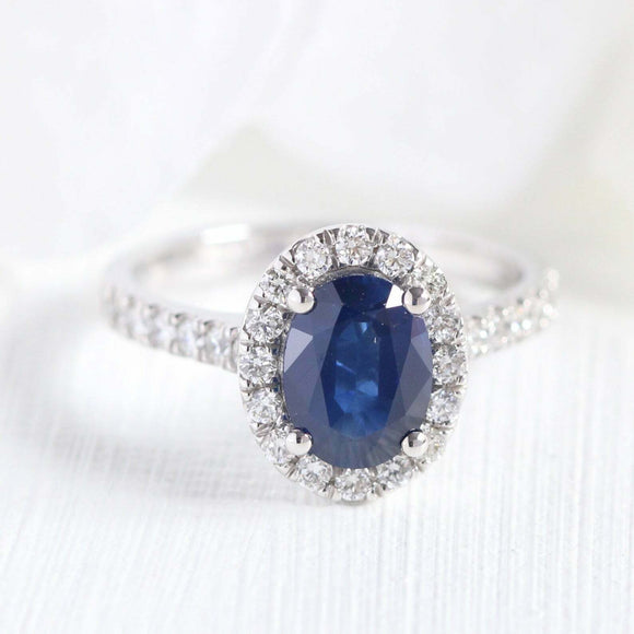 2ct Oval Cut Blue Sapphire Engagement Ring Round Accent Halo 14k White Gold Over