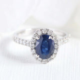 2ct Oval Cut Blue Sapphire Engagement Ring Round Accent Halo 14k White Gold Over