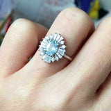 2ct Oval Blue Aquamarine Engagement Ring Ballerina Sunburst 14k White Gold Over