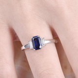 1.5ct Emerald Blue Sapphire Diamond Trilogy Solitaire Ring 14k White Gold Finish