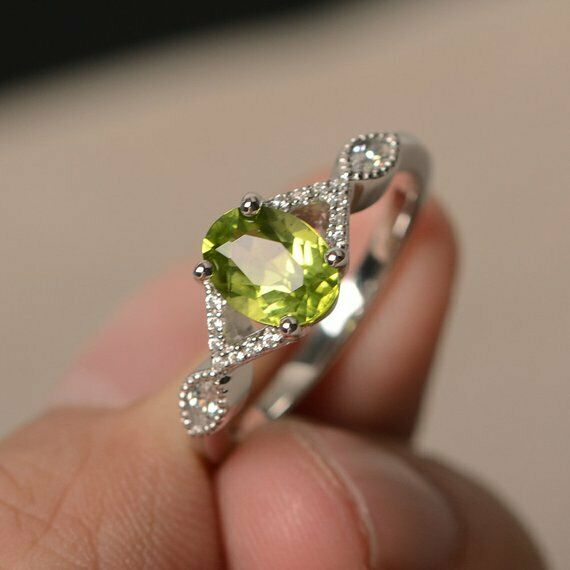 1.3ct Oval Cut Green Peridot Engagement Ring 14k White Gold Finish Unique Design