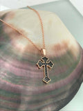 1ct Round Cut Black Diamond Pendant with Chain Christ Cross 14k Rose Gold Finish