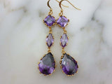 2.2ct Pear Cut Purple Amethyst Trilogy Drop Earrings 14k Yellow Gold Finish