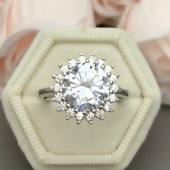 1.6ct Engagement Ring Round Cut Diamond Halo Floral Design 14k White Gold Finish