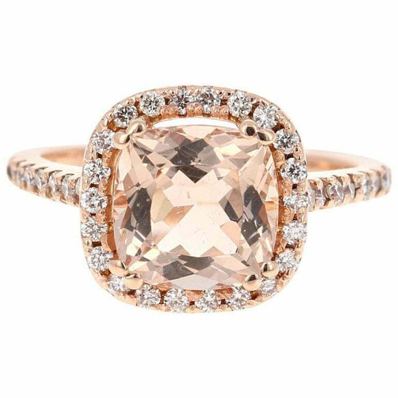 2ct Cushion Peach Morganite Engagement Ring Round Accent Halo 14k Rose Gold Over