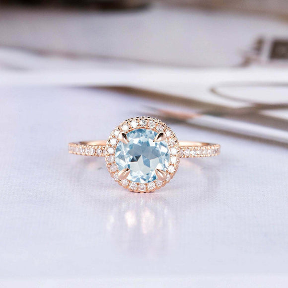 1.5ct Round Cut Blue Aquamarine Engagement Ring Diamond Halo 14k RoseGold Finish