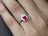 2ct Engagement Ring Oval Cut Ruby Diamond Halo Minimalist 14k White Gold Finish