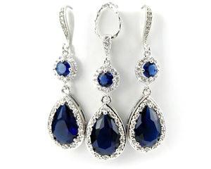 8ct Pear Blue Sapphire Halo Tear Drop Pendant Earring Combo 14k White Gold Over