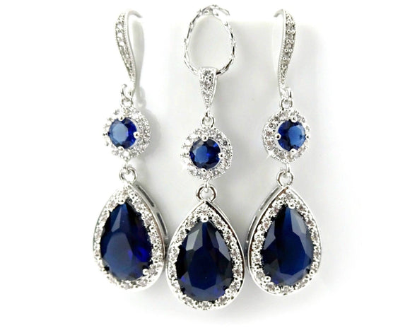 8ct Pear Blue Sapphire Halo Tear Drop Pendant Earring Combo 14k White Gold Over