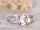 1ct Cushion Cut Peach Morganite Engagement Ring Split Shank 14k WhiteGold Finish