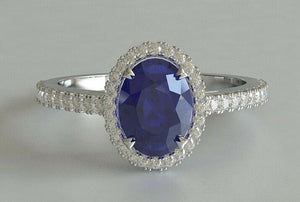 2ct Oval Cut Blue Sapphire Diamond Halo Round Accents Ring 14k White Gold Finish