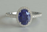 2ct Oval Cut Blue Sapphire Diamond Halo Round Accents Ring 14k White Gold Finish