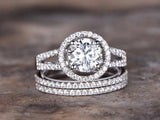 5Ct Round Cut Diamond Bridal Trio Set Split Band Halo Ring 14K White Gold Finish