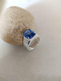 3ct Engagement Ring Emerald Cut Blue Sapphire Wide V Shank 14k White Gold Finish