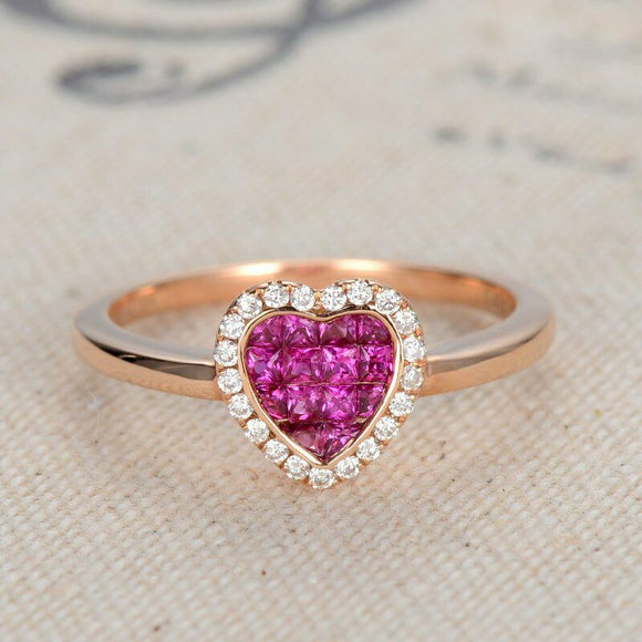 1.2ct Princess Cut Pink Ruby Engagement Ring 14k Rose Gold Over Halo Heart Shape