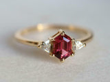 1ct Engagement Ring Hexagon Cut Pink Ruby Minimalist Trilogy 14k YellowGold Over