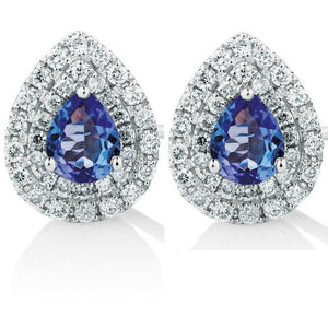 2ct Pear Cut Blue Sapphire Double Halo Women Stud Earrings 14k White Gold Finish