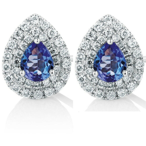 2ct Pear Cut Blue Sapphire Double Halo Women Stud Earrings 14k White Gold Finish