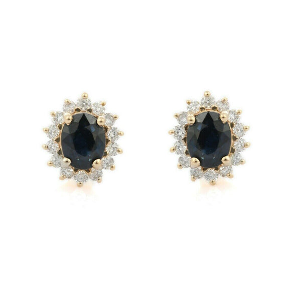 1.65ct Stud Earrings Oval Cut Blue Sapphire Floral Halo 14k Yellow Gold Finish