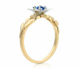 1ct Round Cut Blue Sapphire Floral Leaves Solitaire Ring 14k Dual Gold Finish