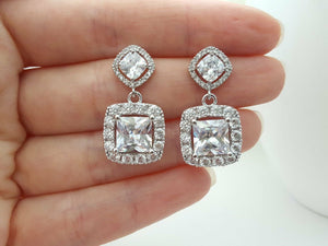 4ct Princess Cut Diamond Royal Halo Drop Women Earrings 14k White Gold Finish