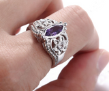 1.3ct Marquise Cut Purple Amethyst Floral Engagement Ring 14k White Gold Finish