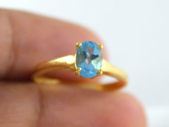 1ct Engagement Ring Oval Cut Blue Topaz Solitaire 14k Yellow Gold Finish