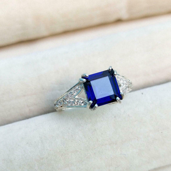 2ct Engagement Ring Asscher Cut Blue Sapphire Split Shank 14k White Gold Finish