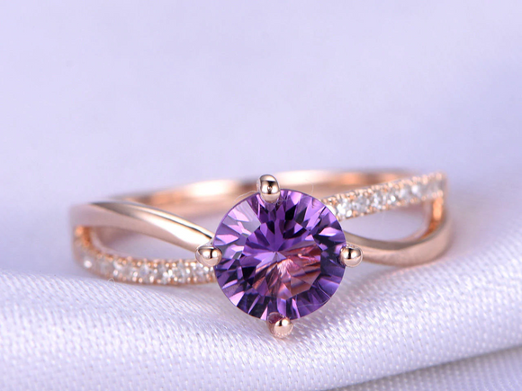 1.5ct Round Cut Purple Amethyst Engagement Ring Split Shank 14k Rose Gold Finish