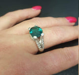 1.56ct Engagement Ring Oval Cut Green Emerald Split Shank 14k White Gold Finish