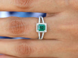 2.2ct Engagement Ring Princess Cut Emerald Split Shank Halo 14k White Gold Over