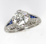 3Ct Round Diamond Sapphire Vintage Art Deco Engagement Ring 14K White Gold Over