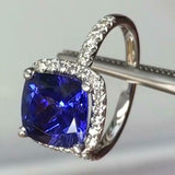 3Ct Cushion Cut Blue Sapphire Diamond Accent Halo Ring 14K White Gold Finish