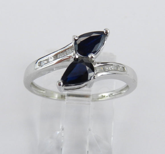 1ct Pear Cut Blue Sapphire ByPass 2 Stone Engagement Ring 14k White Gold Finish