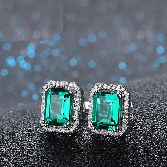 1.5ct Emerald Cut Green Emerald Halo Diamond Stud Earrings 14k White Gold Finish