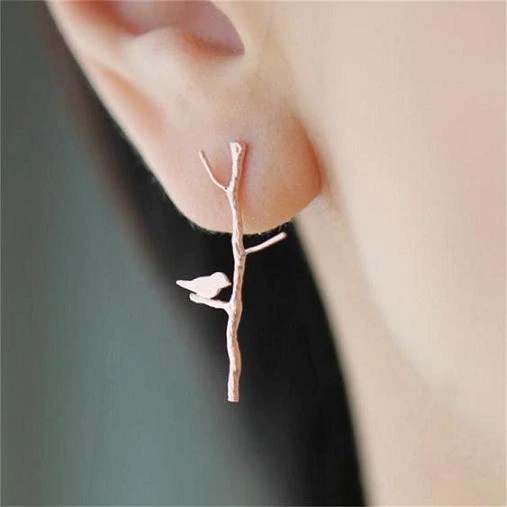 Cute Lovely Bird on Twig Tree Branch Women Stud Earrings 14k White Gold Finish