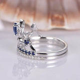 1ct Pear Cut Blue Sapphire Crown Bridal Set Engagement Ring 14k WhiteGold Finish