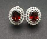 3.7ct Stud Earrings Oval Cut Red Garnet Dual Halo Milgrain 14k White Gold Finish