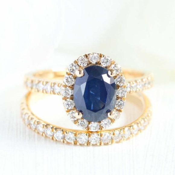 2.5ct Oval Cut Blue Sapphire Engagement Ring Halo Bridal Set 14k YellowGold Over